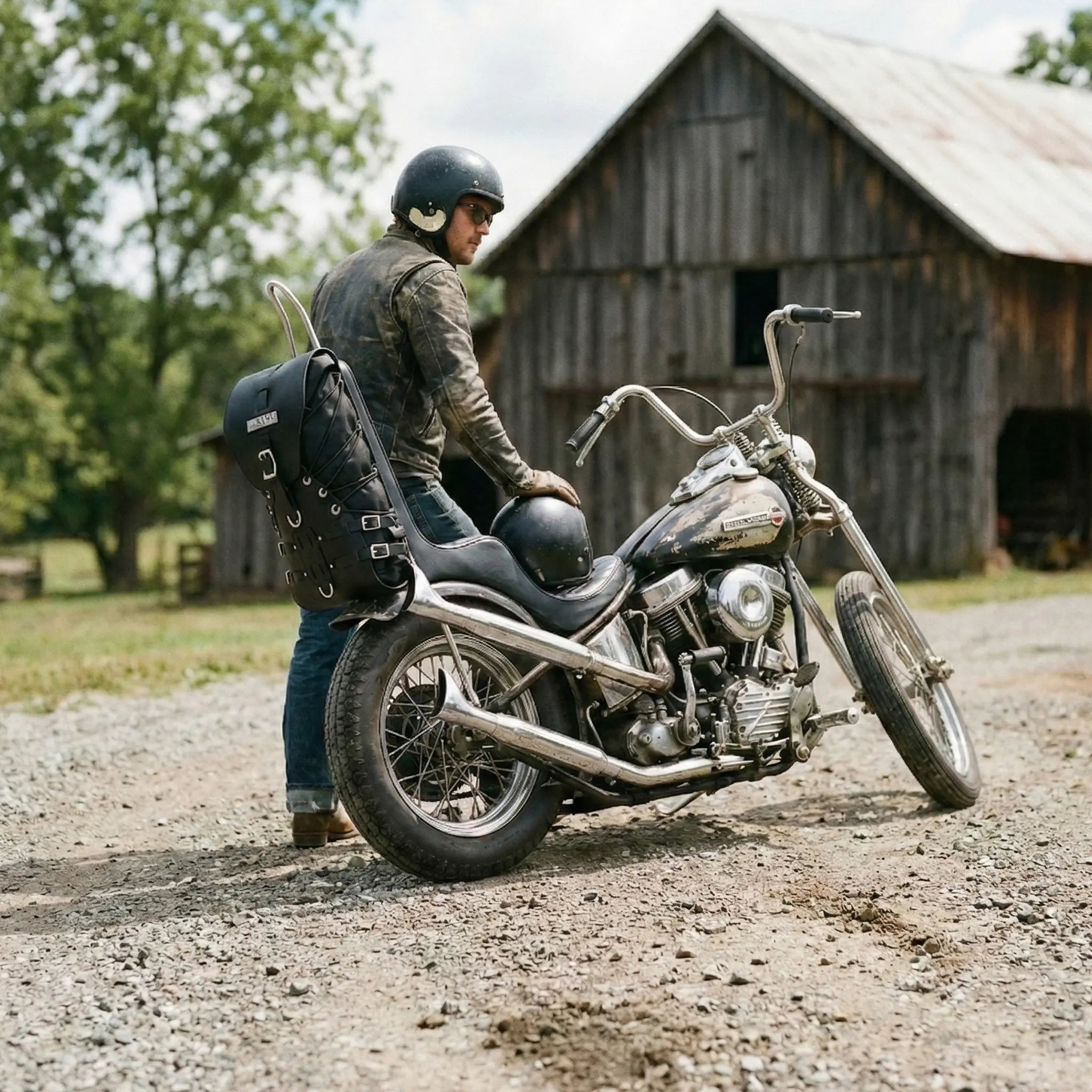 Person sitting standing next to a motorcycle with a barn in the background