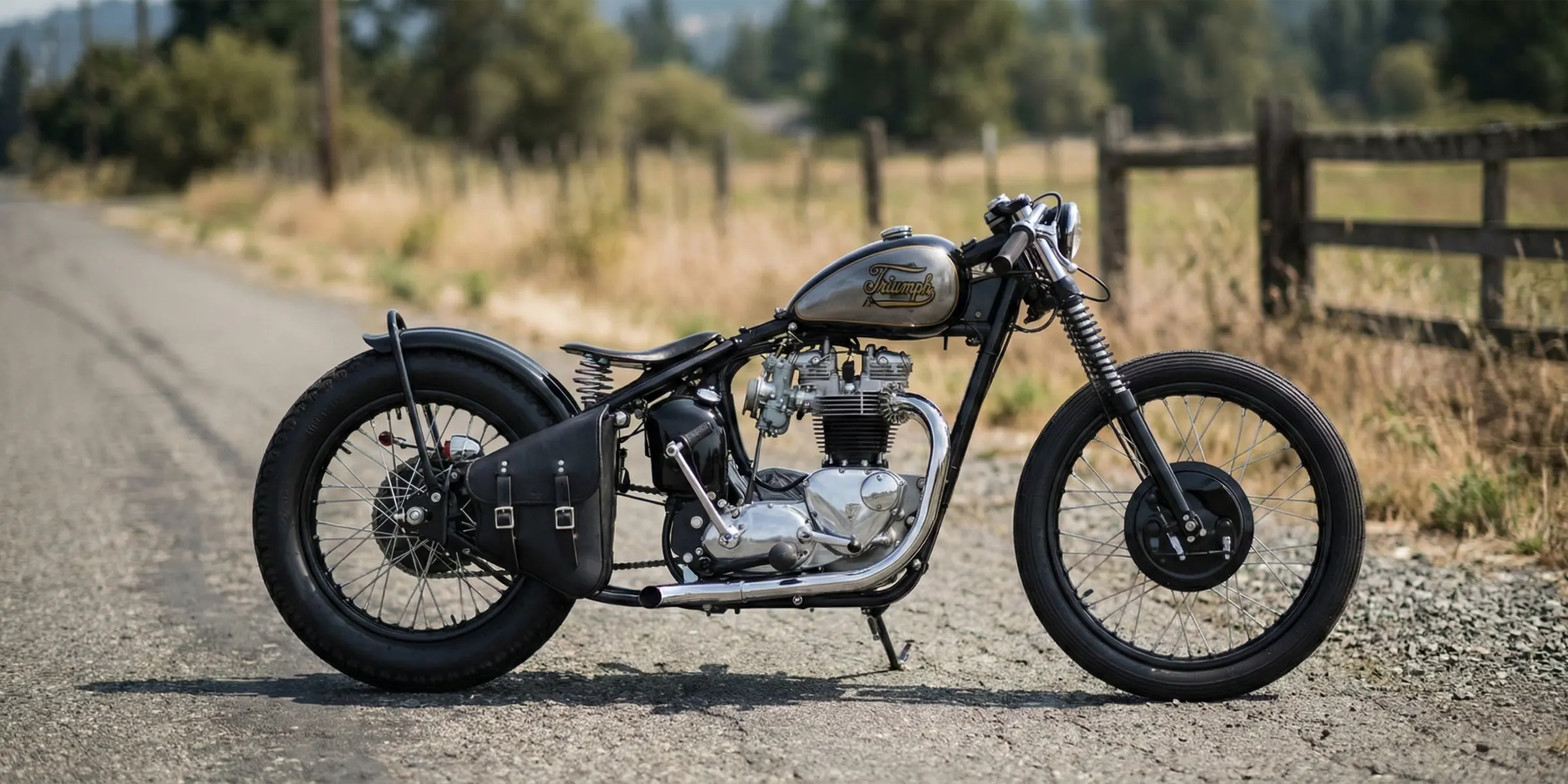 Custom motorcycle on a rural road with trees and a wooden fence in the background