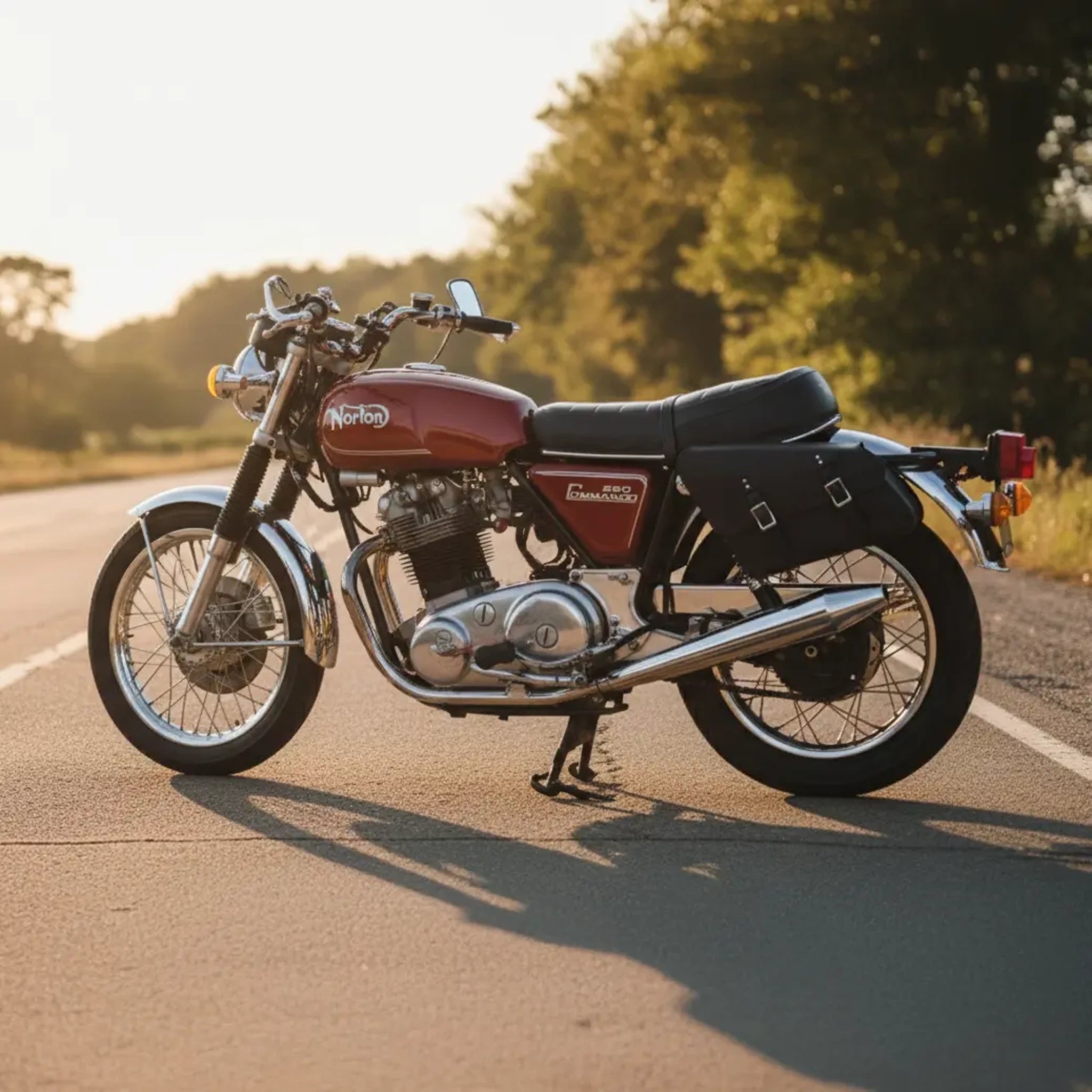 Red Norton Commando motorcycle parked on a road with trees in the background